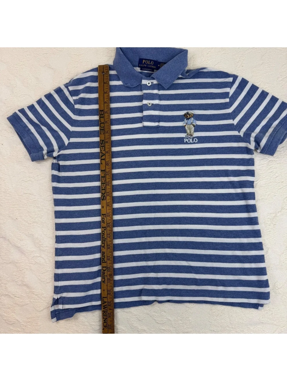 Polo Ralph Lauren Men’s M Hemingway Polo Bear Blue White Striped Polo Shirt